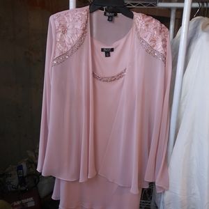 Mauve dress w/ sequin jacket and sheer sleeves.
